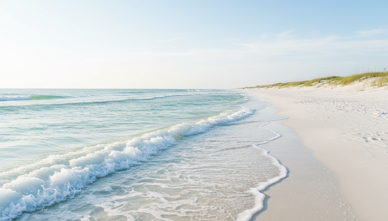 Pristine Gulf Shores beach with gentle turquoise waves