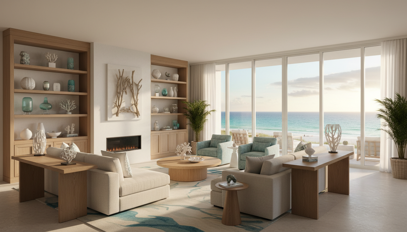 Spacious living room with coastal decor and ocean view
